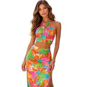 Rachel Zoe Floral Halter Crop Skirt Set Size Large